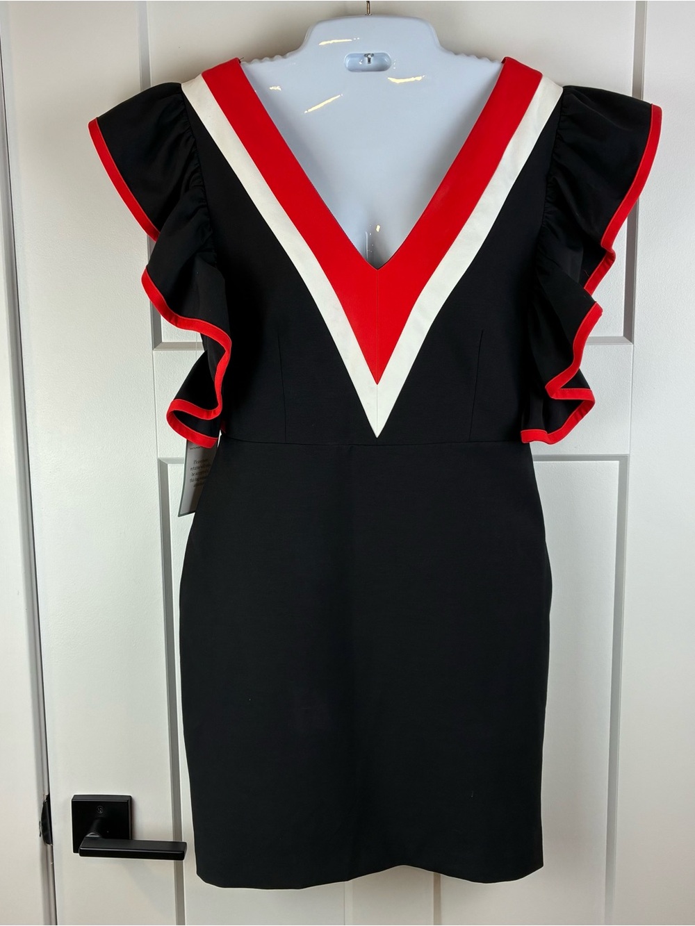 MSGM Milano Black Mini Dress Red White V‑Neck Ruffle Sleeves Size 42 (6)  d